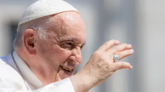 Pope Francis on the morning of June 7, 2023 shortly before heading to the hospital for abdominal surgery greets pilgrims at his general audience in St. Peter's Square.