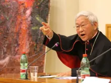 Cardinal Joseph Zen Ze-kiun, Bishop Emeritus of Hong Kong, speaks at the Pontifical Urban University in Rome, Nov. 18, 2014.