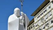 A large statue of St. John Paul II at the entrance of Rome’s Gemelli Hospital, where Pope Francis is recovering from surgery he underwent on June 7, 2023.