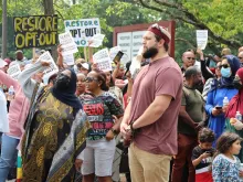 Parental and religious freedom rights advocates, including a group of Muslim parents, on June 6, 2023, protest a Maryland school system policy that removes parents’ authority to opt their children out of homosexual and transgender coursework.