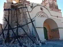 The tower of Purísima Concepción Church in Lari, Peru, collapsed following earthquakes in May 2023.